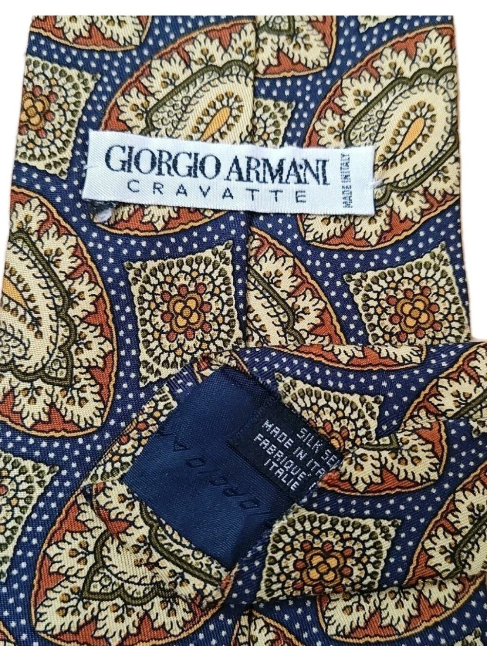 Giorgio Armani Cravette Italian Silk Mens Neck Tie Navy Brown Paisley W 4